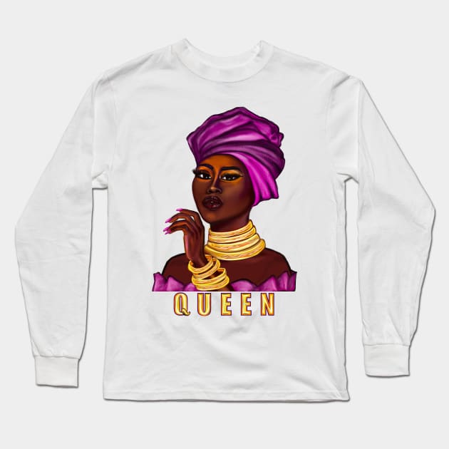 Queen - yass queen - Black is beautiful black girl with Gold bangles, neck ring necklace, purple dress and head wrap, brown eyes and dark brown skin ! Long Sleeve T-Shirt by Artonmytee